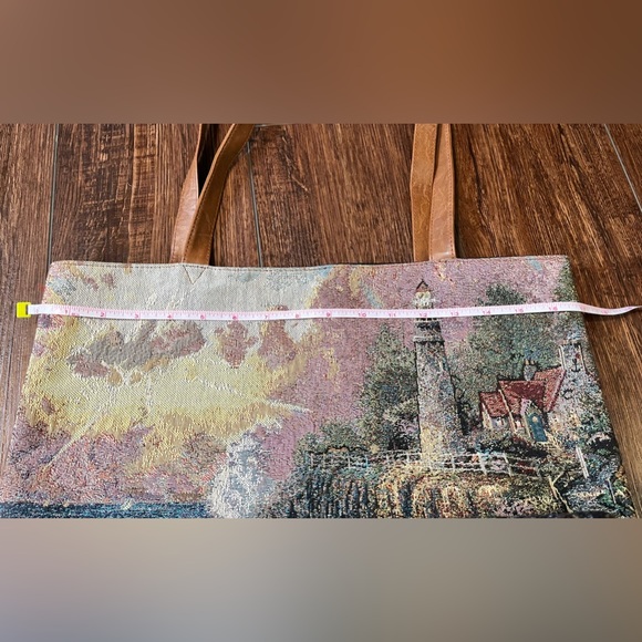 Thomas Kinkade tote. Tapestry design on front. Vegan leather back & bottom. - Picture 8 of 11